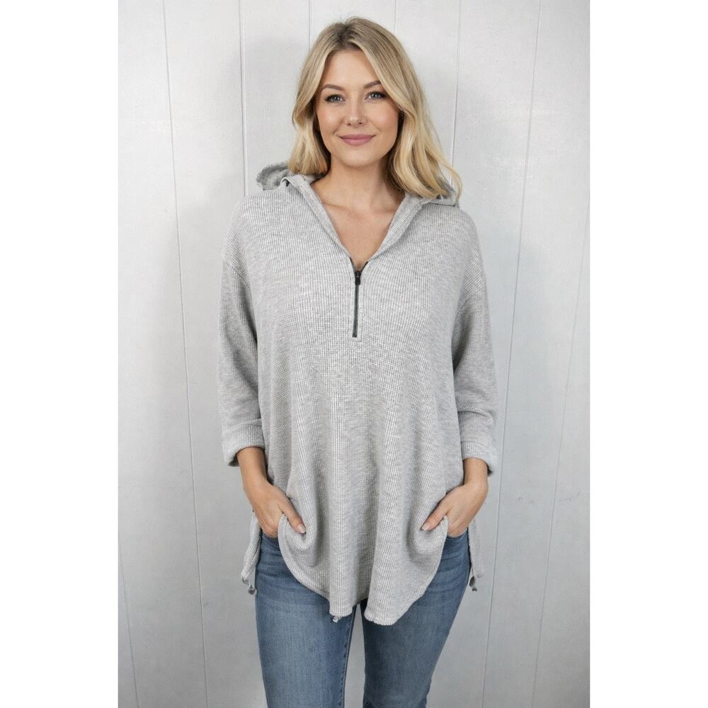 Fitigues Vintage Half Zip Waffle Tunic Length Hooded Shirt in Gray. Size M.